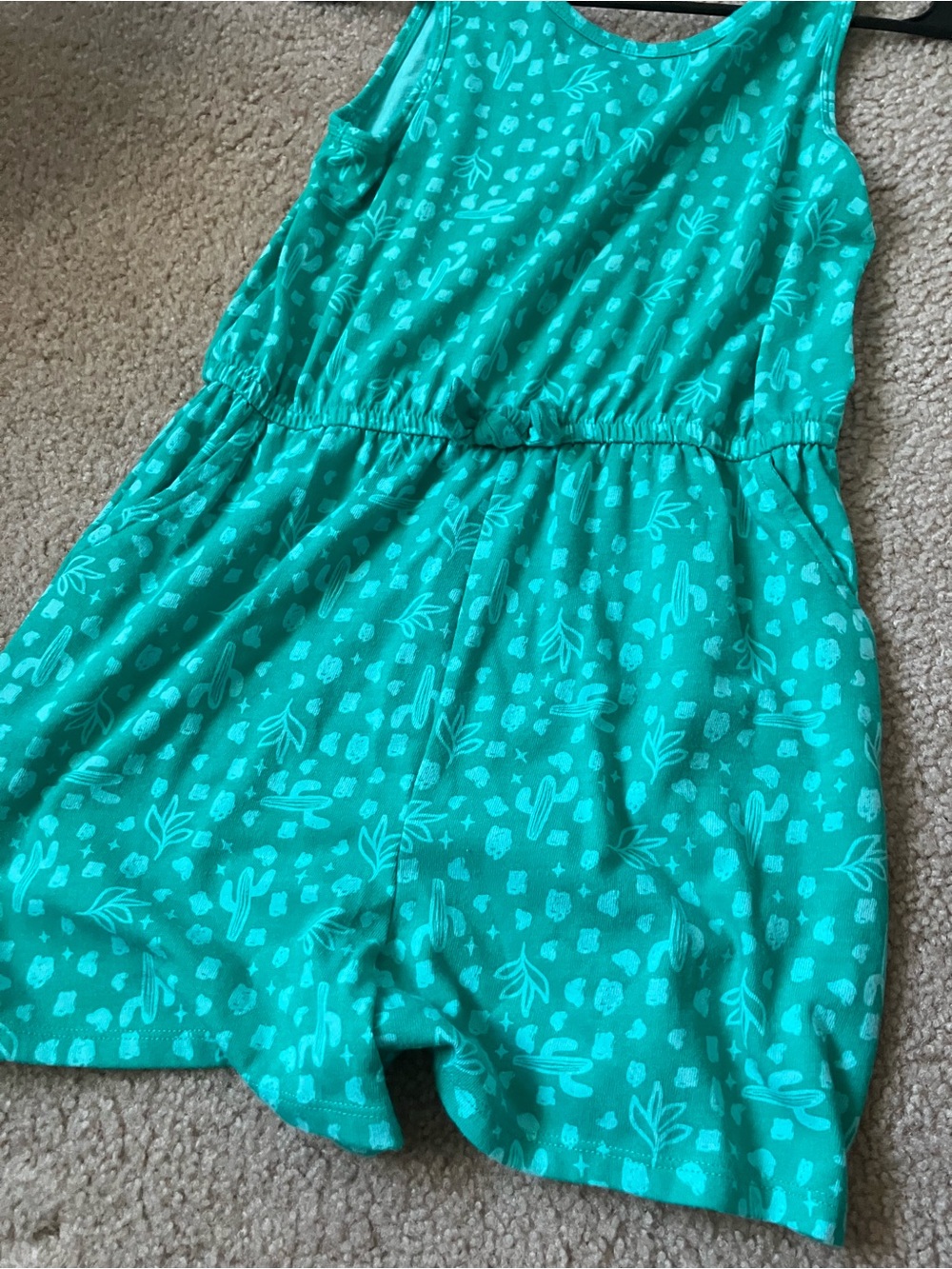 Girls' Teal Green Printed Romper with Elastic Waist